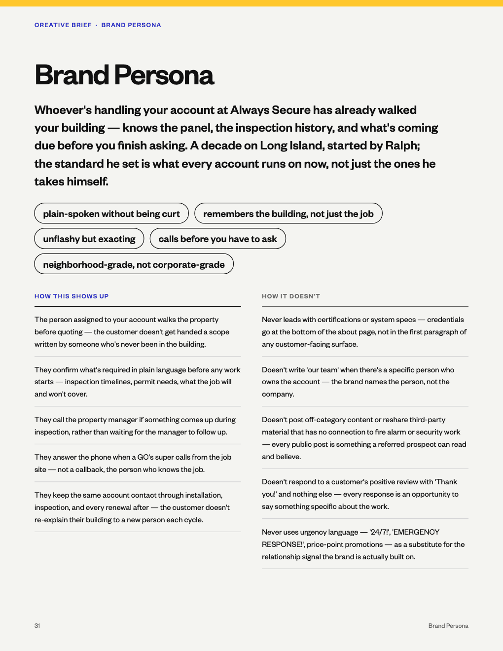 Example Creative Brief page titled Brand Persona, describing who the brand is when it speaks: the person handling the account, who has already walked the building.
