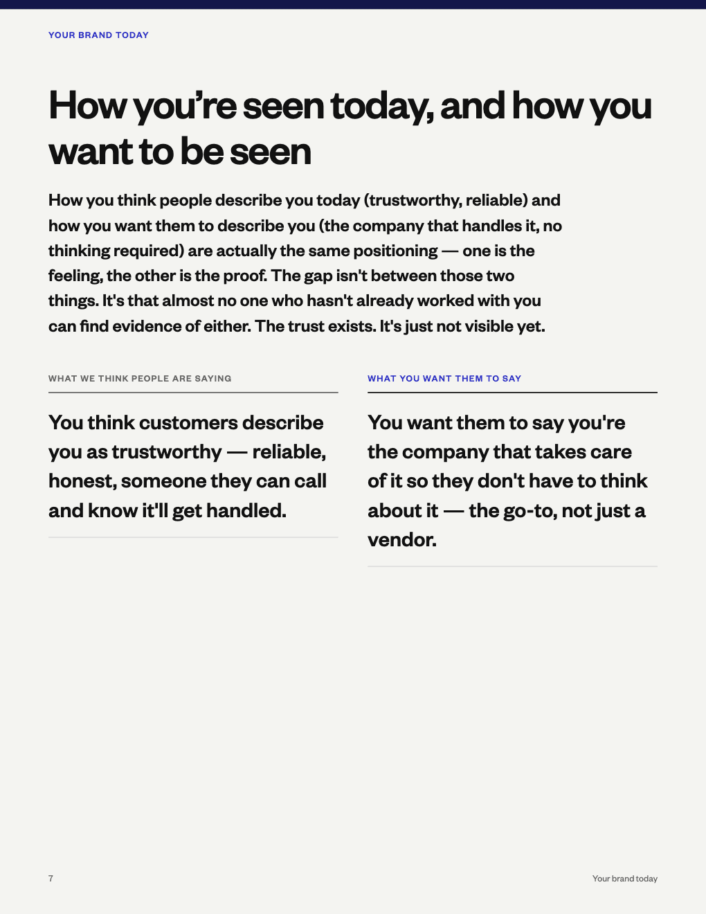 Example Brand Playbook page titled How you’re seen today, and how you want to be seen, setting what customers say about the business today beside what it wants them to say.