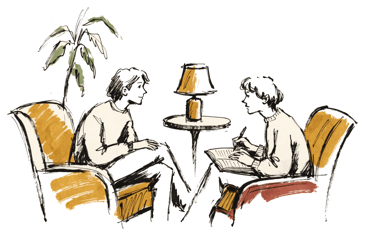 Ink and watercolor sketch: two people in armchairs, face to face, one taking notes