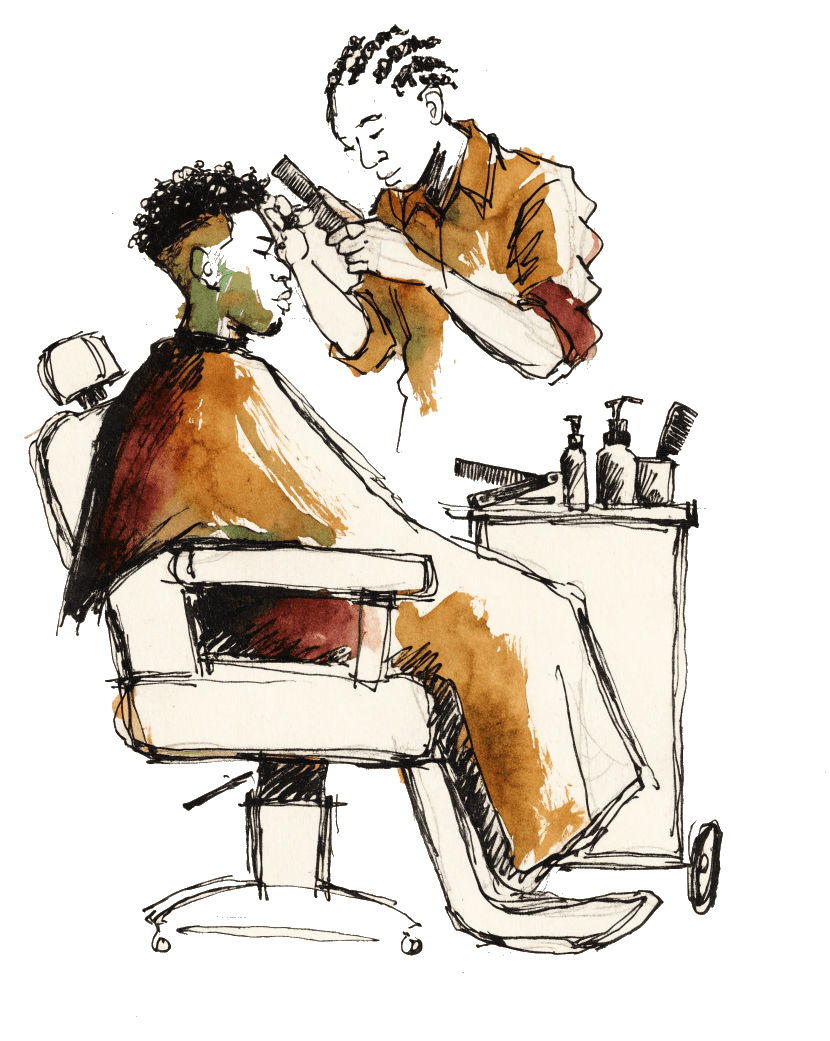 Ink and watercolor sketch: a barber shaping a client’s hair in a barber chair
